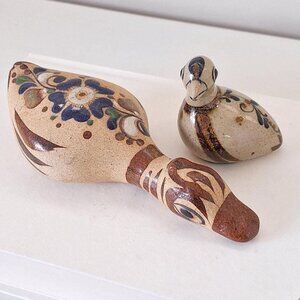 2 Vintage Mexican Pottery Mallard Duck Figurine Folk Art Sculpture statue set